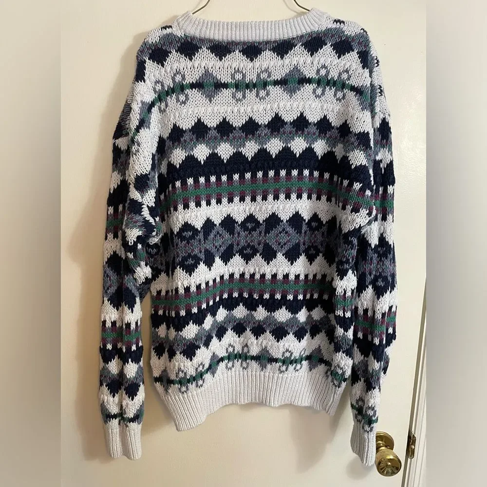 Vintage Men’s 80’s crew Neck long Sleeve heavy Sweater in Blue and White Size L